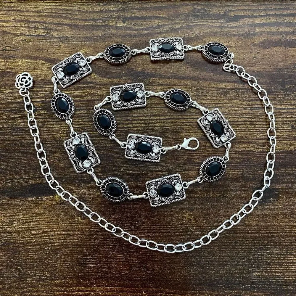 Silver Y2K Black Jewel Whimsygoth Chain Belt, Fits 25.5-42.5 Inches, X7GA1291